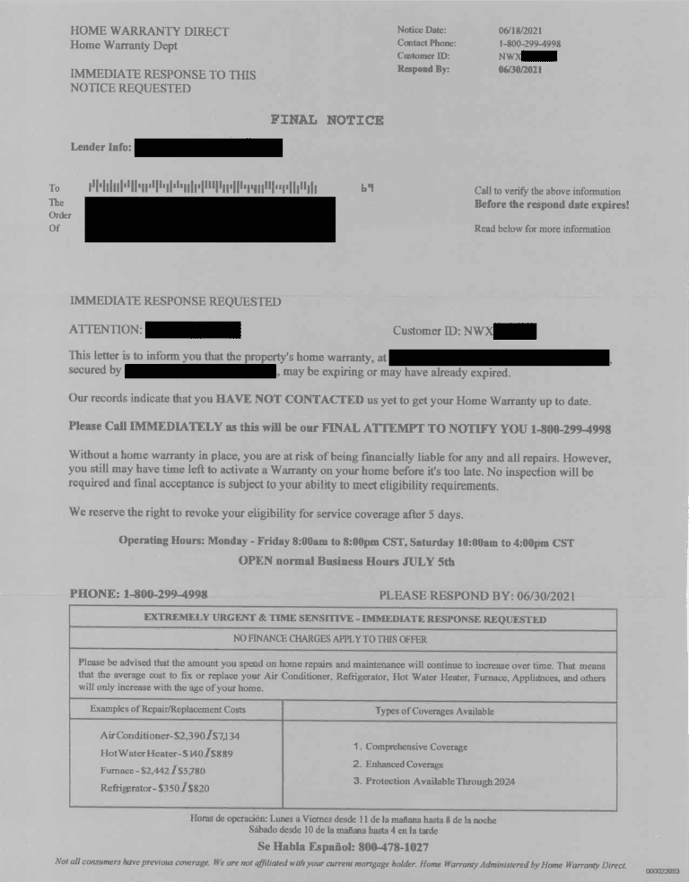 Home Warranty Scam Letters - Main Street Bank