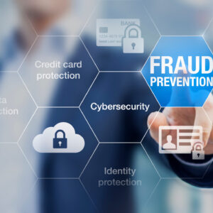 Fraud prevention button, concept about cybersecurity, credit card and identity protection against cyberattack and online thieves